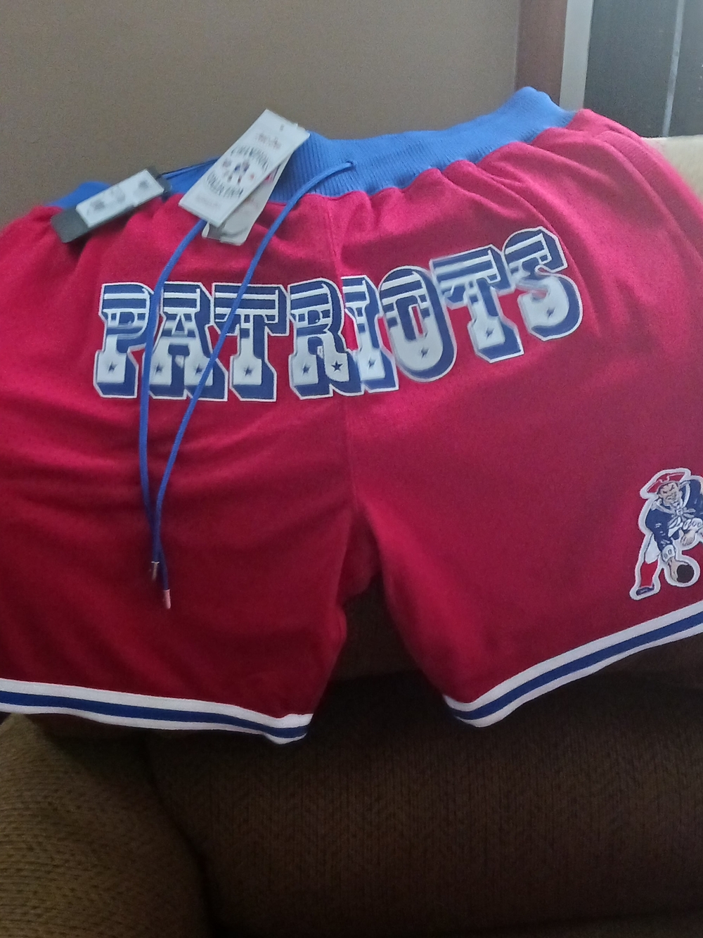 Just Don Mitchell Ness Men's Red Athletic 'Patriots' Shorts with Blue Trim